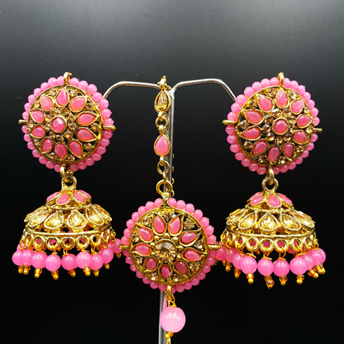 Tapi Baby Pink Jhumka Earring Tikka Set - Gold