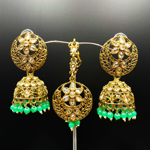 Gitu Mint Jhumka Earring Tikka Set - Antique Gold
