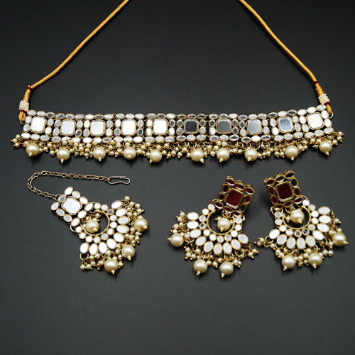Tia White Mirror/White Pearl Choker Necklace Set - Antique Gold