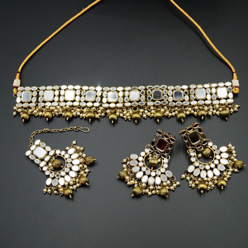 Tia White Mirror/Gold Beads Choker Necklace Set - Antique Gold