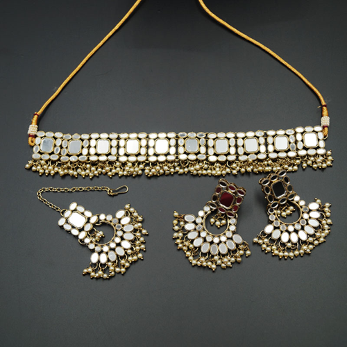 Tia White Mirror Choker Necklace Set - Antique Gold