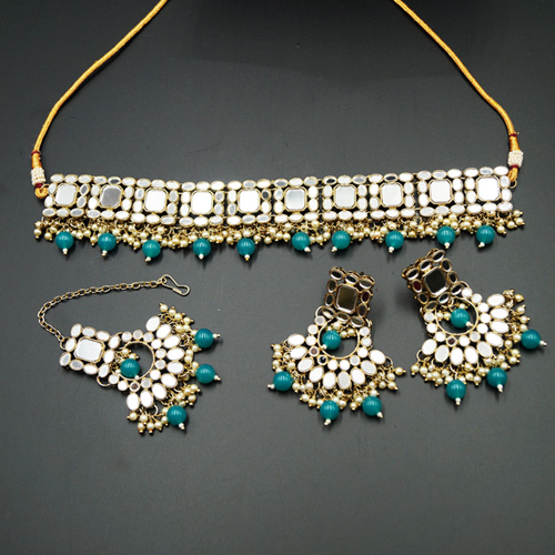 Tia White Mirror/Jade Beads Choker Necklace Set - Antique Gold