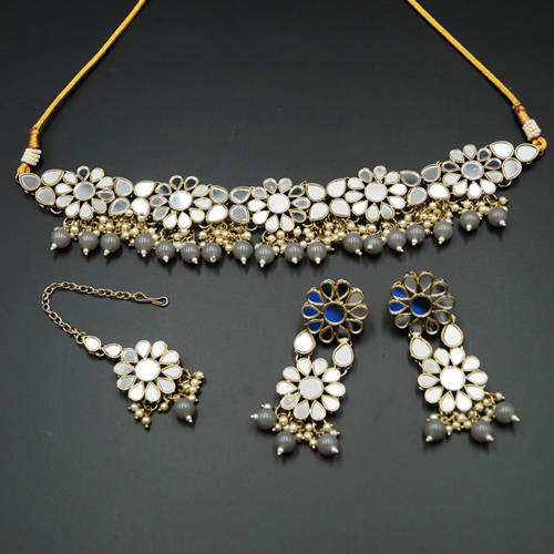 Raji White Mirror/Grey Beads Choker Necklace Set - Antique Gold