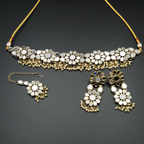 Raji White Mirror Choker Necklace Set - Antique Gold