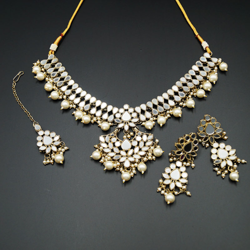 Raah White Mirror/White Pearl Necklace Set - Antique Gold