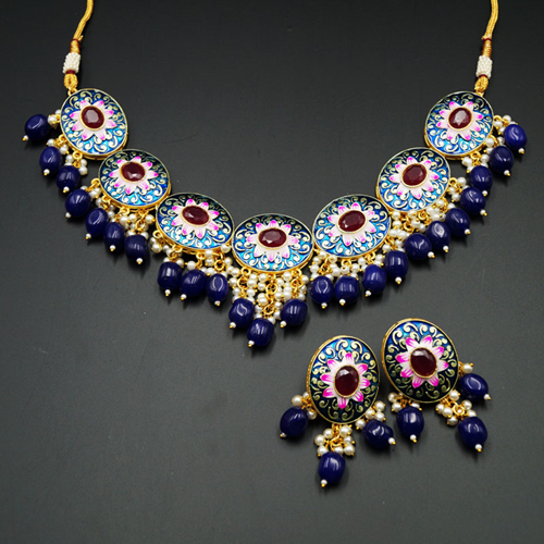 Loa Meenakari Navy Blue Necklace Set - Gold