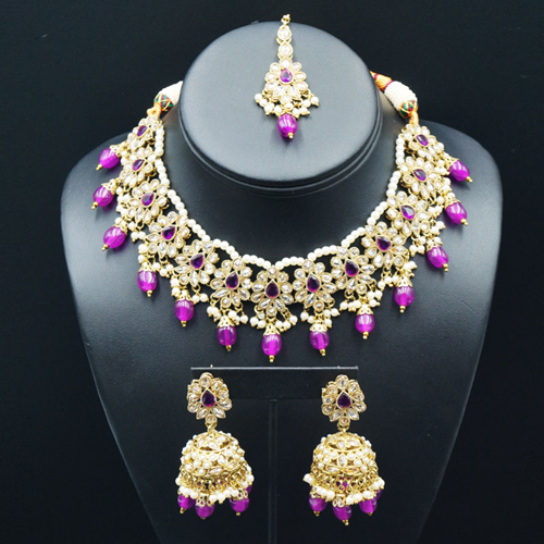 Vipa Purple Polki Stone Necklace Set - Antique Gold