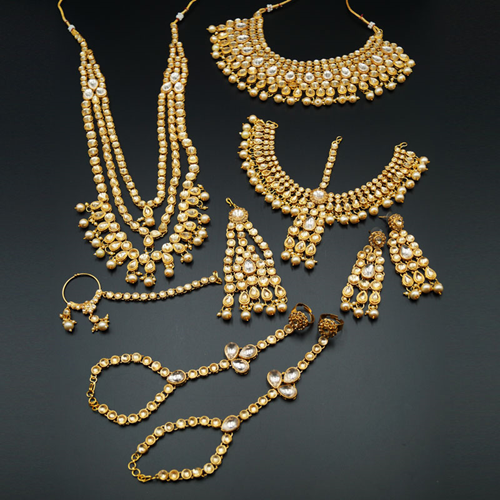 Gina Gold Polki Stone & Pearl Bridal Set - Gold