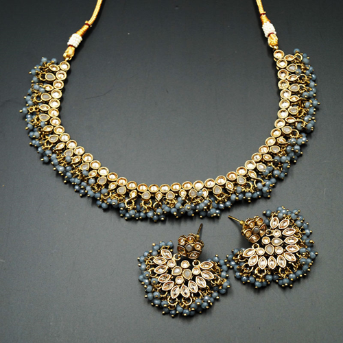 Baya Grey/Gold Polki Stone Necklace Set - Antique Gold