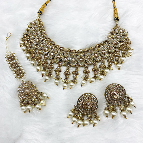 Tisa Gold Polki Stone Necklace Set - Antique Gold