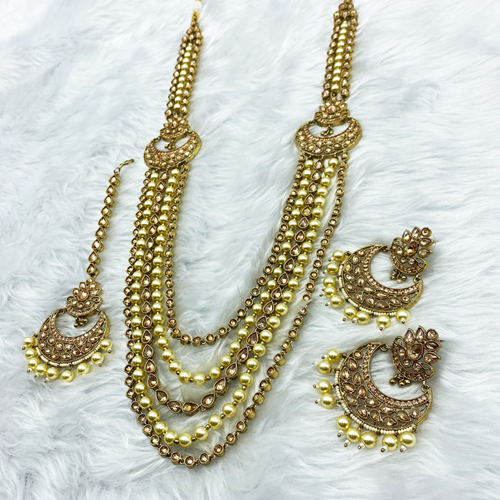 Dea Gold Polki Stone Rani Haar Set - Antique Gold