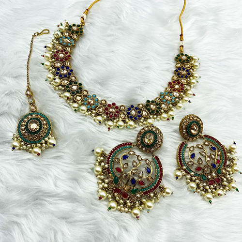 Fara Polki Stone Multicolour Necklace Set - Antique Gold