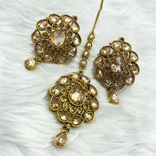 Gea Gold Polki Stone Earring Tikka Set - Antique Gold