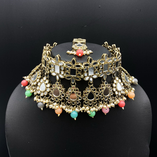 Iana White Mirror Multicolour Choker Necklace Set Antique Gold