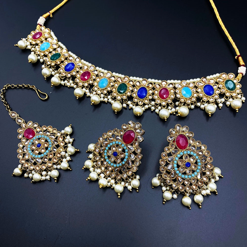 Saar Multicolour Choker Necklace Set Antique Gold Indian