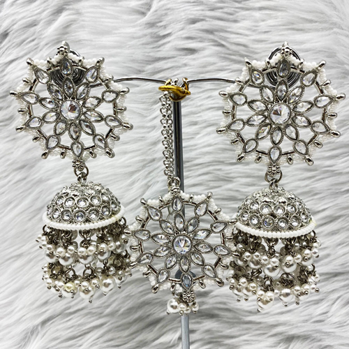 Tara White Polki Stone Jhumka Earring Tikka Set - Silver