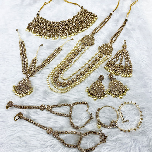 Vivah Gold Polki Stone & Pearl Bridal Set - Antique Gold