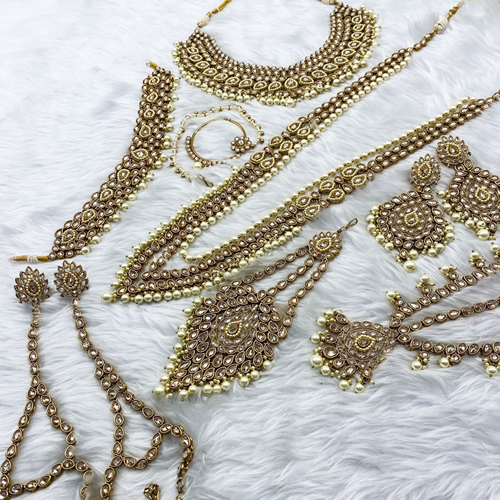 Rahi Gold Polki Stone & Pearl Bridal Set - Antique Gold