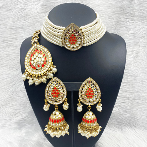 Milu Red Choker Necklace Set - Antique Gold