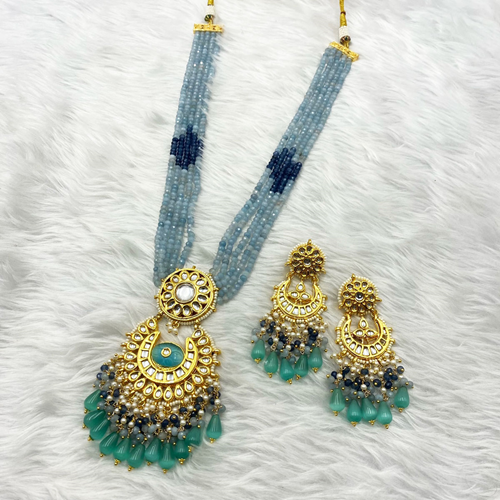 Arja Regal Blue Kundan Long Necklace Set - Gold