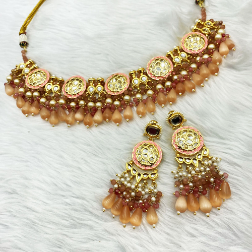 Hasu Regal Pink & Peach Kundan Necklace Set - Gold