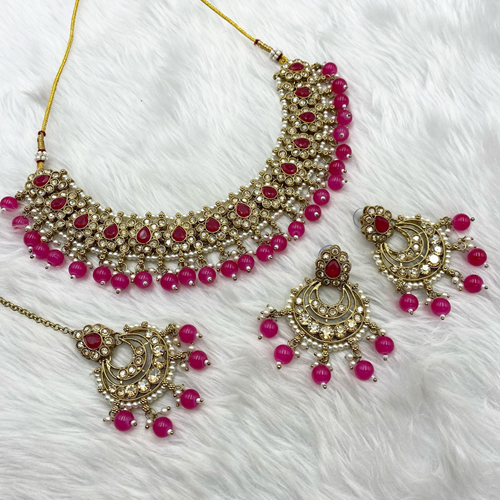 Arij Diamante Stone Hot Pink Necklace Set - Antique Gold