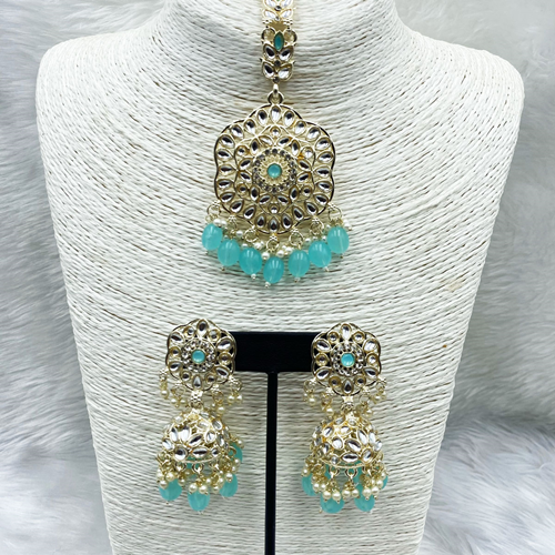 Llisa Light Blue Earring Tikka Set - Light Gold