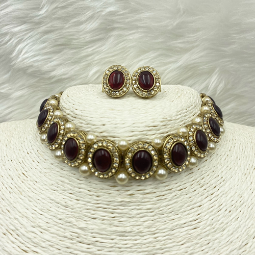 Eshti Maroon Choker Necklace Set - Gold