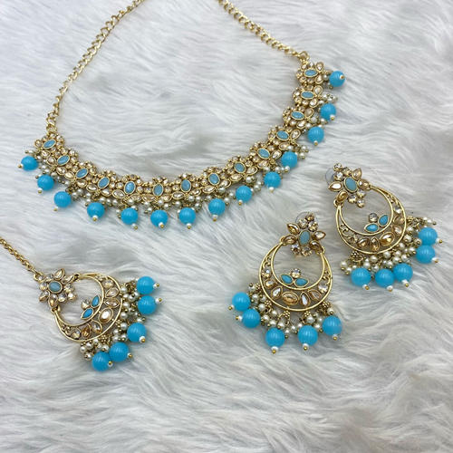 Avani Gold Light Blue Beads Necklace Set -Gold