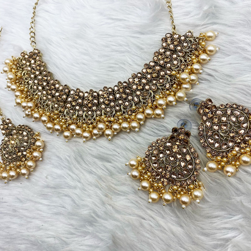 Rea Gold Stone Necklace Set Antique Gold Indian Jewellery Online Asian Jewellery UK Bling For You