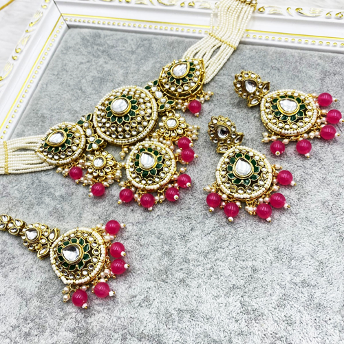 Habiba Hot Pink Regal Kundan Choker Necklace Set - Gold