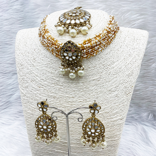 Taan Mirror Choker Necklace Set- Antique Gold