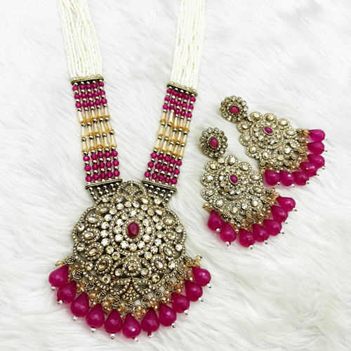 Gana Hot Pink Long Necklace Set - Antique Gold