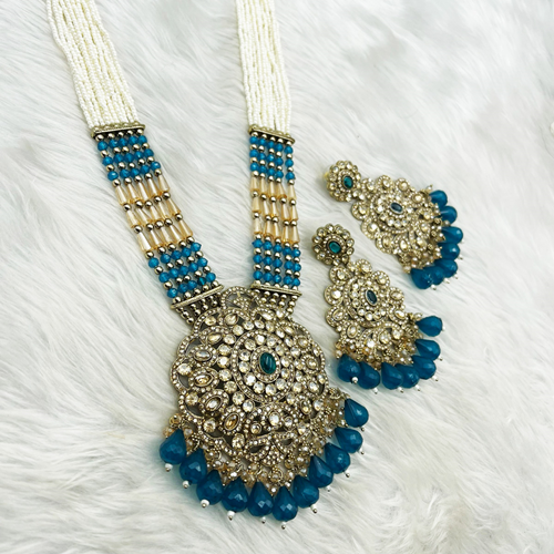 Gana Peacock Long Necklace Set - Antique Gold 