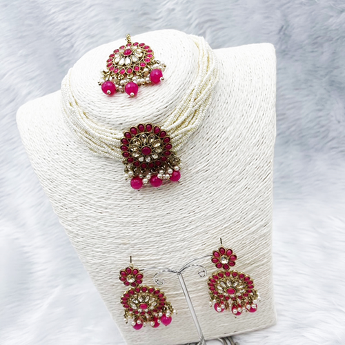 Viri Hot Pink Choker Necklace Set- Antique Gold