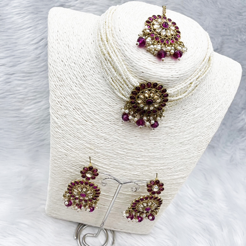 Viri Purple Choker Necklace Set- Antique Gold
