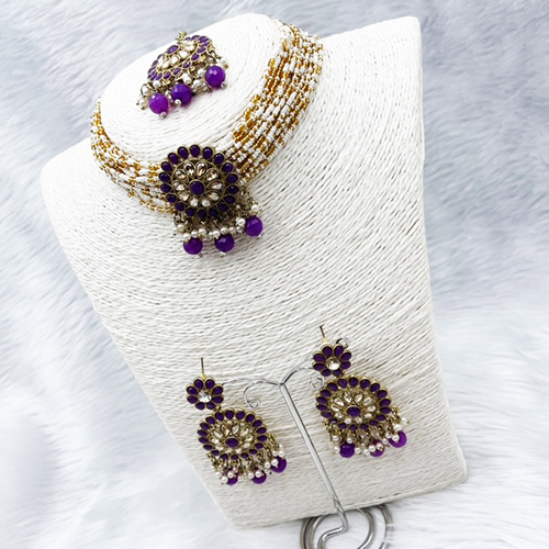 Viri Dark Purple Choker Necklace Set- Antique Gold