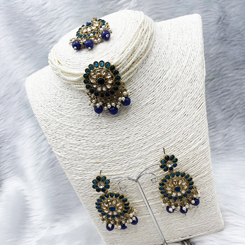 Viri Navy Blue Choker Necklace Set- Antique Gold 