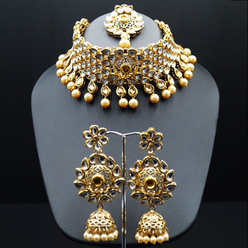 Nira White and Gold Choker Necklace Set - Gold