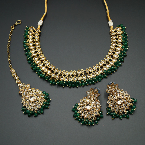 Mahika - Gold Polki Stone/Green Beads Necklace set - Antique Gold