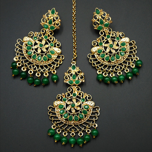Asha- Green/Gold Diamante Earring Tikka Set - Gold