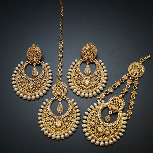 Zina Gold Diamante Earring Tikka and Passa/Jhoomer Set - Gold