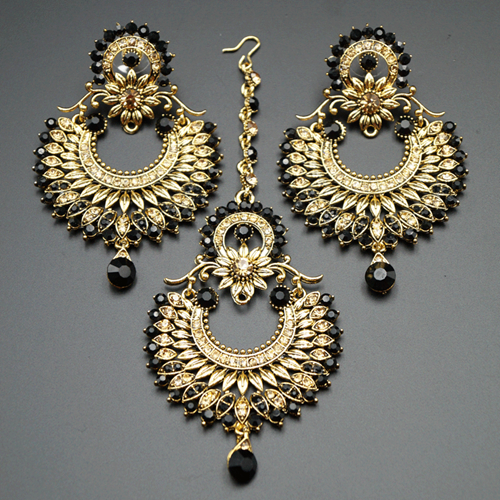 Karu Black/Gold Diamante Earring Tikka Set - Gold Indian Jewellery