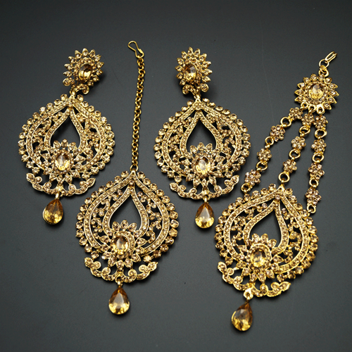EBI  Gold Diamante Earring Tikka and Passa/Jhoomer Set - Gold