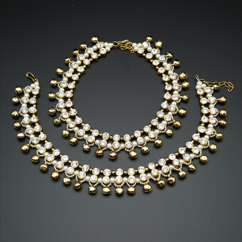 Ani White Diamante Ghungroo Payals - Antique Gold