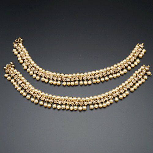 Sija Gold Polki Stone Payals (Anklets) - Antique Gold