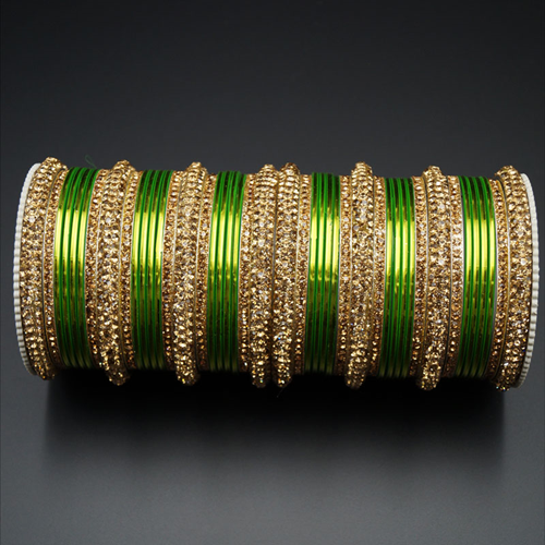 Jahanvi Gold Diamante and Light Green Bangle Set - Gold