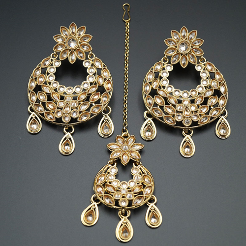 Jana- Gold (LCT) Polki Stone Earring Tikka Set - Antique Gold