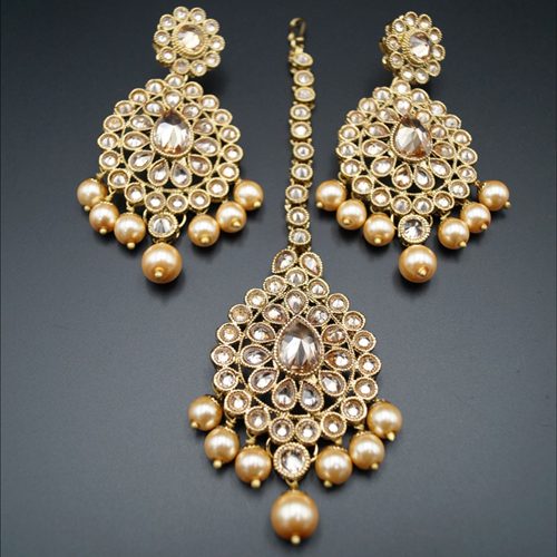 Ehas- Gold Polki Stone and Pearl Earring Tikka Set - Antique Gold