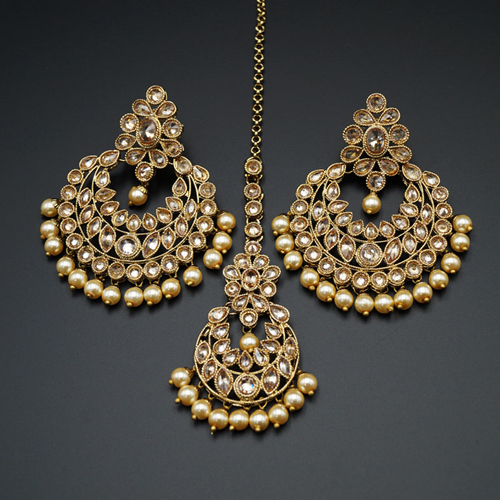 Sonam -Gold Polki Stone and Pearl Earring Tikka Set - Antique Gold